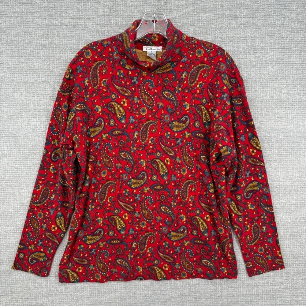 Vtg Talbots Paisley Mock Neck Top Womens M Red Cotton Long Sleeve Boho